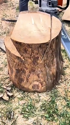Large Tree Trunk Log Split Into Sections Using Heavy Woodcutter