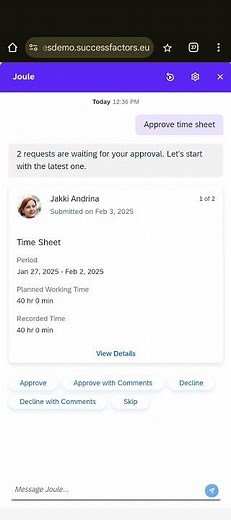 SAP SuccessFactors Joule AI Chatbot: Manager Approve Time Sheet in Seconds