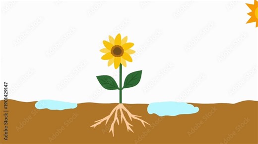 Photosynthesis animation showing how a sunflower uses sunlight, carbon dioxide, and water to produce oxygen and energy. Educational science motion graphic for biology lessons, ecology, plant growth