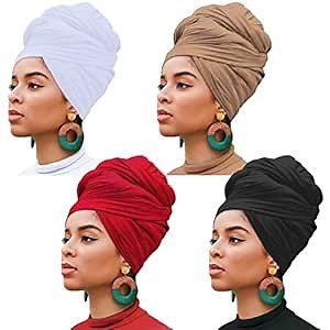 XTREND 4 Pieces Stretch Head Wrap Jersey Turban Fashion Headband Solid Color Bohemian Extra Long Hair Scarf Soft Breathable Easy to Knot Turban Tie for Women (Black, Camel, White, Wine Red)