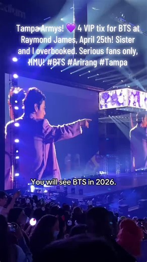 Calling all Armies! ✨ i’ve got 4 vip tickets to see BTS @ Raymond James Stadium• Tampa FL, on April 25th. My sister and I accidentally overbooked and so we're offering up our extra tickets to a worthy army. Serious inquiries only – I've got proofs. DM me to snag these before they're gone! 🎤🎶 #BTS #Arirang #WTB #ISO #arirang