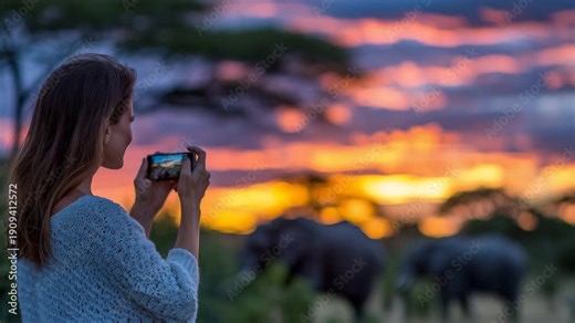 Woman taking photos of elephants silhouetted against dramatic African sunset clouds, wide-angle perspective, warm golden light reflecting off savannah, luxury safari vacation and t