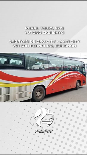 Leaving Pantukan Rural Tours 2719 Manufacturer: Zhengzhou Yutong Bus Corp. Model: Yutong ZK6119HYG "Hamster" Chassis: LZYTBTE67J******* Engine: Yuchai YC6L280-42 Current Route: Cagayan De Oro City - Mati City Via San Fernando, Bukidnon 🎥: Richard James Mozar/PBPA Date taken: March 2025 #TeamPBPA #PhilippineBus #PhilippineTransport #WeArePBPA #OneFourTheTeam #Reels #RuralTours #YGBC | Philippine Bus Photographers Association (PBPA)