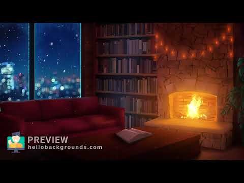 Festive wintry living room with flickering fire animated virtual background for Zoom and Google Meet
