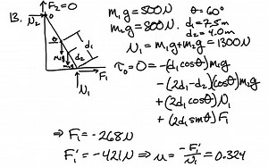 A 15.0 -m uniform ladder weighing 500 N rests against a frictionless wall. The ladder makes a 60.0^∘ angle with the horizontal. (a) Find the horizontal and vertical forces the ground exerts on the base of the ladder when an 800 -N firefighter has climbed 4.00 m along the ladder from the bottom. (b) If the ladder is just on the verge of slipping when the firefighter is 9.00 m from the bottom, what is the coefficient of static friction between ladder and ground? | Numerade