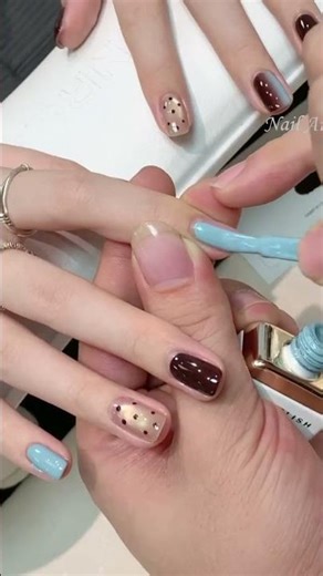 Chic Brown & Blue Color Block Nails for Fall/Winter#short #nailart