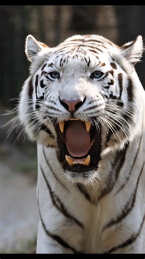 A powerful white tiger walks slowly toward the camera in a natural forest habitat. Its blue eyes stare intensely while it opens its mouth and roars. Sunlight filters through trees, highlighting its white fur and dark stripes. The atmosphere feels cinematic, wild, and dramatic, captured in ultra-realistic quality. | The Himalayan High