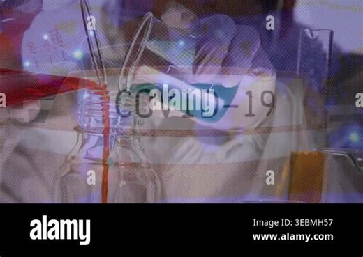 Animation of covid 19 conspiracy and hands of lab worker with liquids. Health, science and coronavirus covid 19 pandemic concept digitally generated video Stock Video Footage - Alamy