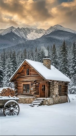 The mountains know this truth: there is a place where weathered timber and stacked stone hold back the cold, where firewood piled high beside log walls means survival, where smoke from the chimney signals life persisting in the heart of alpine winter. This rustic mountain escape offers the raw poetry of existence stripped to essentials: warmth earned through preparation, beauty found in functional simplicity, peace discovered in the space between forest whispers and the silence of snow-covered p