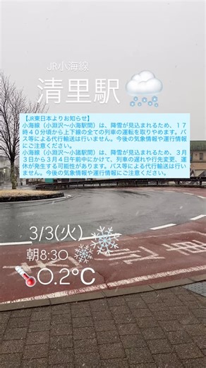 3月3日(火) 朝8:30の気温 0.2℃ 八ヶ岳高原大橋を過ぎたあたりから雪が降り始めました。 今朝8時半頃の清里駅の様子をお届けします。 更に激しくなってきました❄️ ❄️【JR東日本からのお知らせ】❄️ ■ 小海線（小淵沢〜小海駅間） 降雪が見込まれるため、17時40分頃から上下線すべての列車が運転取りやめとなります。 ※バス等による代行輸送はありません。 ■ 小海線（小淵沢〜小諸駅間） 3月3日〜3月4日午前中にかけて、列車の遅れ・行先変更・運休が発生する可能性があります。 ※バス等による代行輸送はありません。 今後の気象情報・運行情報にご注意ください。 足元に気をつけて、安全運転でお過ごしください。 #清里 #清里駅 #降雪 #北杜市 #八ヶ岳 | Npo法人 清里観光振興会