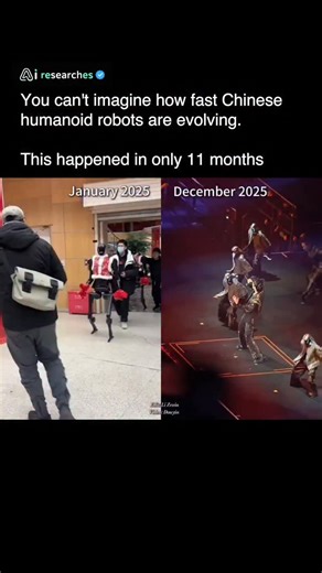 AI researches | AI on Instagram: "😲🤖 From being laughed at to being hailed as models! You can't imagine how fast Chinese humanoid robots are evolving. This happened in only 11 months. January 2025: Chinese humanoid robots were slow, awkward, and mostly treated like tech demos. People watched out of curiosity, some laughed, some doubted they would ever be useful beyond labs and exhibitions. December 2025: the same robots are performing live on stage with humans, moving in sync, confident, preci