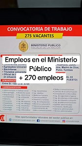 Nuevos empleos en el MINISTERIO PÚBLICO - FISCALÍA 2025 🔴 Hay plazas para: Amazonas, Áncash, Apurímac, Cajamarca, Callao, Cusco, Huancavelica, Huánuco, Junín, La Libertad, Lima, Madre de Dios, Pasco, Piura, Puno, Tumbes 🔴 Carreras solicitadas: Administración, Administración de redes y comunicaciones, Antropología, Arquitectura, Asistente social, Ciencias de la comunicación, Ciencias políticas, Computación e informática, Contabilidad, Derecho, Economía, Estadística, Hotelería y turismo, Ingenie