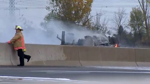 Tanker truck smoulders on Highway 407 after fatal crash