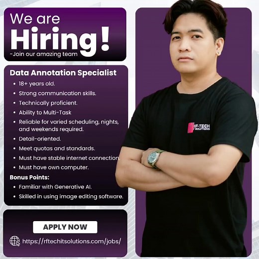 🚀 Data Annotation Specialist: Now Hiring! 10 Open Spots! We are actively looking for Data Annotation Specialists who are highly detail-oriented and reliable to join our amazing team. ✨ Key Responsibilities & Requirements ✅Must be 18 years old and above. ✅Strong written and verbal communication skills. ✅Technically proficient with computers and software. ✅Ability to multi-task and reliable for varied scheduling (including nights and weekends) as required by project timelines. ✅Must consistently 