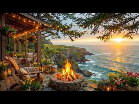Relaxing Ocean Sunset Cabin Porch 🌊🔥 Gentle Wave Sounds & Cozy Fire Ambience for Sleep