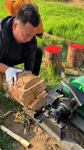 Operating a rotating wood cutting machine that spins automatically at high speed #cuttingskills