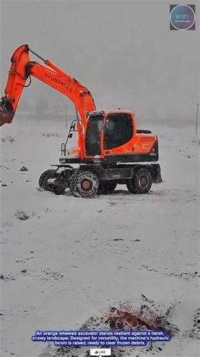 Innovative & Powerful : Hyundai Wheeled Excavator Clearing Frozen Debris in Snowy Landscapes