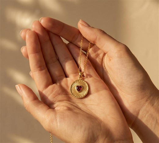 Garnet Heart Coin Necklace Gold• Ruby Heart Medallion Pendant• Vintage Coin Necklace Women • Sunburst Heart Necklace• Birthday Gift for Her - Etsy