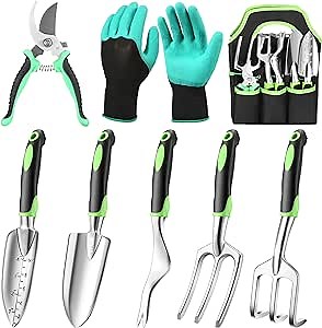 JMOO Garden Tools, 8-Piece Garden Tool Set with Non-Slip Ergonomic Handles, Lightweight Aluminum Alloy Rust-Proof Durable Gardening Hand Tools, Ideal Gardening Tools Gifts for Women and Men