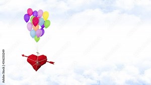 Red heart flies in the sky hanging from balloons