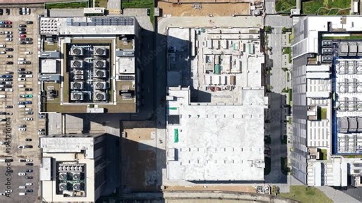 Aerial drone video of a large data center in Hong Kong supporting cloud computing, colocation services, and data storage backbone for artificial intelligence infrastructure and global digital networks