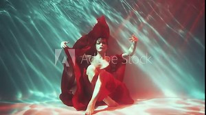Fantasy woman goddess swims underwater in magic neon green red light. Art shot Fairy Beauty Girl water nymph prays floating hand raised waving silk dress. fashion model posing sitting at bottom pool