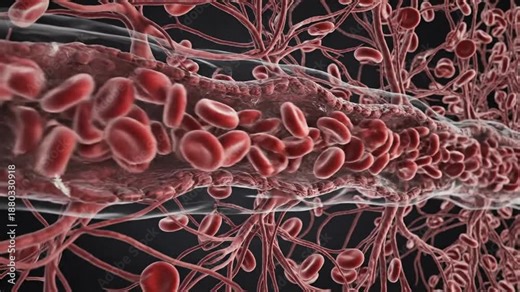 Cinematic slow motion visualization of human arteriole anatomy showing intricate microcirculation within a biological vascular network for medical education and scientific research purposes.