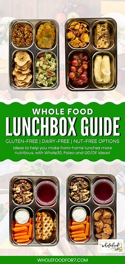 FREE WHOLE FOOD LUNCH GUIDE 📚 - ✨ Gluten-free, dairy-free, budget-friendly, kid-approved (but not just for kids!). Are you overwhelmed with what to pack for your kid’s lunches that are wholesome AND kid-approved? I GOT YOU. And also, if you peek in MY lunch box these days, you’ll find these too 😉! Not just for kids. 👉🏻 https://wholefoodfor7.com/whole-food-lunch-box-guide/ | Wholefoodfor7