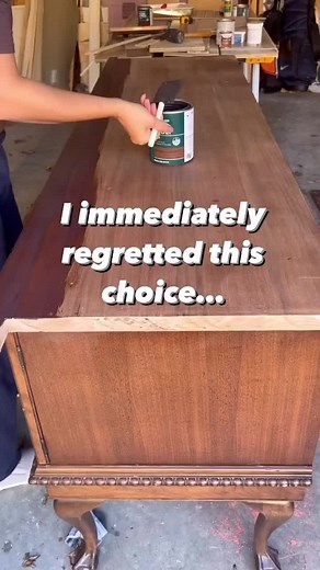 Both of these products impressed me on this piece, but they each have their place!!! For the Stain & Poly in one by Behr, I went with Mission Oak in a gloss finish. I was the right color family and sheen to blend and cover up all the scratches in the base. I love that it can work over existing finishes and that it’s got the protection built-in. This saved me from starting from scratch with everything! I was not about to sand all those details. The color builds as you layer it. I added a thin lay