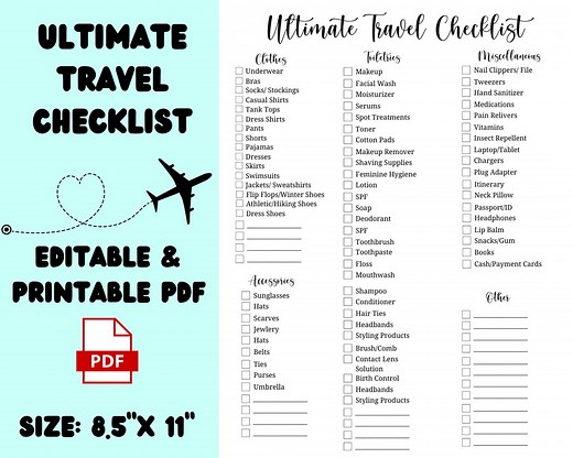 Ultimate Travel Checklist | Editable Travel Checklist | Printable Vacation Checklist | Holiday Packing Checklist - Etsy