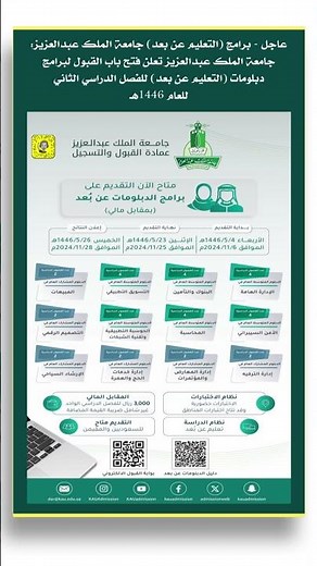 ‏عاجل بدأ التسجيل في برامج الدبلوم عن بعد بجامعة الملك عبدالعزيز في التسجيل متاح الآن وينتهي25نوفمبر