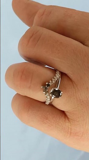 Oval Salt and Pepper Diamond Engagement Ring, 14k White Gold Ring Set, Stacking Rings for Women