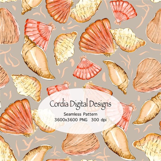 Watercolor Shells Seamless Pattern, Coastal Art PNG Digital Paper Instant Download - Etsy