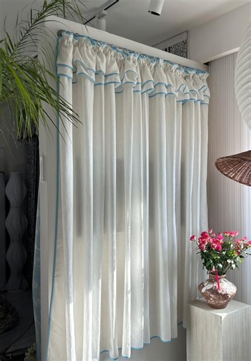 Sheer White Curtains With Blue Trim, Ruffled Window Drapes - Etsy