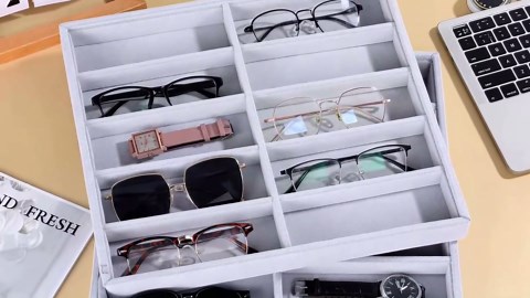 2 Pack Velvet Sunglass Organizer Storage Tray, Grey Jewelry Organizer Trays for Drawer 10 Grid Stackable Sunglasses Holder Storage Organiser Tray for Women Girls Men Glasses Jewelry Watch Display