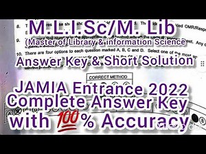 M.L.I.Sc.(M.Lib.)/Master of Library&information Science,Answer Key JAMIA 2022,💯 %Correct Answers
