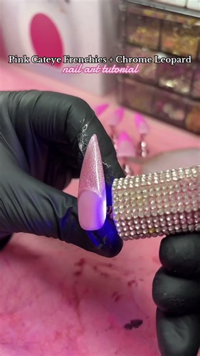Pink Cateye Frenchies + Chrome Leopard nail art tutorial 💅💗 #nails #nailart #nailinspo #pressons