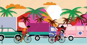 African American cyclists are riding bicycles past by traffic jam on the beach road with palms. Cartoon animation, flat design, loop 4k