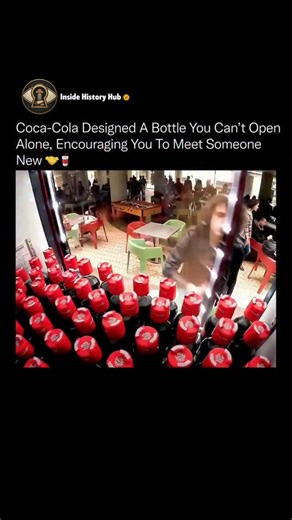Inside History Hub on Instagram: "A Coca-Cola campaign transformed an everyday object into a social experiment designed to encourage real human interaction. The brand introduced a special bottle that could only be opened when paired with another identical bottle. Each cap contained half of a locking mechanism, making cooperation the only way to access the drink inside. Follow @insidehistoryHub for more 😇 This design choice forced a pause in routine behavior. Instead of opening a bottle alone, i