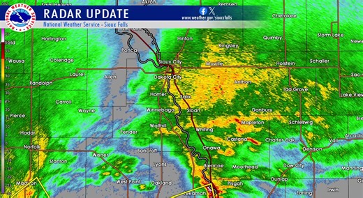 [Radar update at 11:43 pm on Tuesday, 4/1]: Thunderstorms are moving into parts of Woodbury county late this evening. The storms will continue to push northeastwards into parts of Ida county. Hail up to the size of a nickel and 50 mph gusts are the main hazards. | US National Weather Service Sioux Falls South Dakota