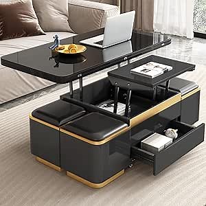 Lift-Top Coffee Table with Storage & 4 Stools, Multifunctional Convertible Coffee to Dining Table, Adjustable Height Rectangular Table with Drawers, Modern Space-Saving Design, Black