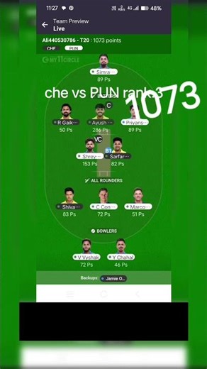 che vs pun rank 3#cricket#my11circle#dream11#IPL#winning team#shirts