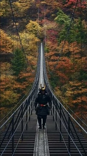 Samurai crossing the rope bridge in Japan 🇯🇵