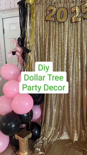 Let’s create a festive party backdrop using Dollar Tree Balloons, banner, tinsel curtain and bows! ((Metal arch is $14 at Hobby Lobby and gold curtain is Amazon) Happy decorating!! 🎉🎈🎀✨#dollartree #dollartreediy | Olivia's Romantic Home DIY