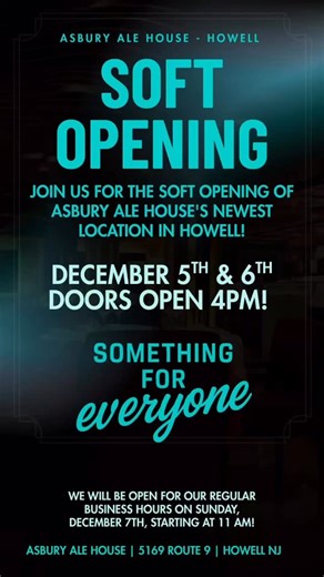 6.2K views · 77 reactions | Howell, we’re here!  Asbury Ale House is excited to open our brand-new location! Soft opening: Dec 5 & 6 at 4 PM First Sunday: Dec 7 at 11 AM Come celebrate with us—great food, great drinks, great vibes! ✨ | Asbury Ale House | Facebook