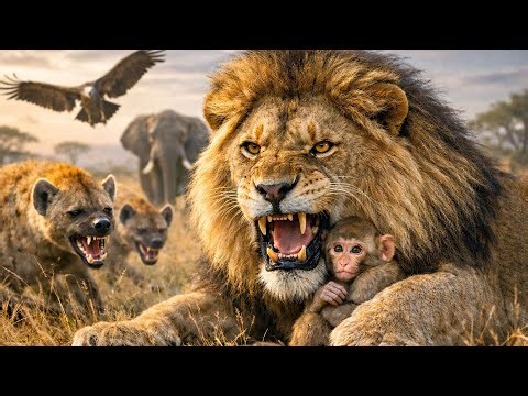 Protected by a Lion | The Peaceful Life of a Baby Rhesus Monkey #lionlife #babymonkey #wildafrica