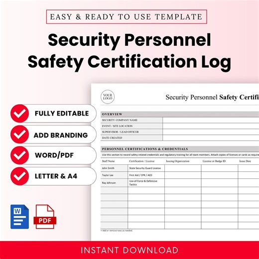 Security Personnel Safety Certification Log Template – Word & PDF, A4   US Letter - Etsy