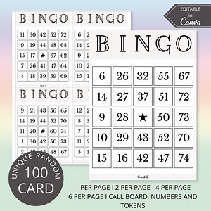 100 Printable Bingo Cards | 1, 2, 4 and 6 per Page, Custom Bingo Card, Editable Canva Template, Party Games, Holiday Bingo, Adult Bingo PDF - Etsy