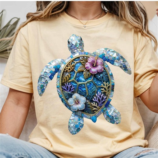 Sea Turtle Mosaic PNG, Tropical Ocean Sublimation Design, Coastal Hibiscus Turtle Shirt File - Etsy