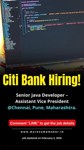 My Resume Maker on Instagram: "Senior Java Developer AVP Role at Citi – Hybrid IT Job in Chennai & Pune | Apply Now! #CareerAlert 📌 Job Title: Senior Java Developer – Assistant Vice President Company: Citi (Official Careers Site) 📍 Location: Chennai, Tamil Nadu, India & Pune, Maharashtra, India 🗓 Posted Date: Feb 02, 2026 🗓 Last Date to Apply: Not specified on official listing 📄 Apply Here (Official): 🔗 https://jobs.citi.com/job/chennai/senior-java-developer-assistant-vice-president/287/90